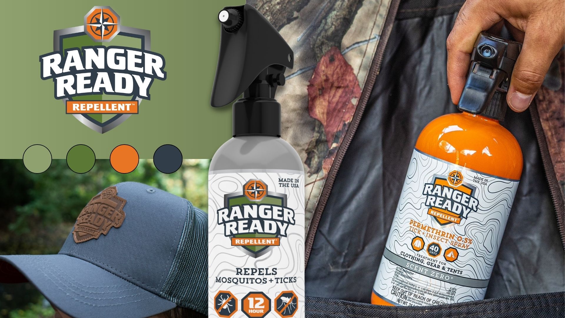 Ranger Ready brand identity: shield logo, color palette, bottles, and a branded hat patch