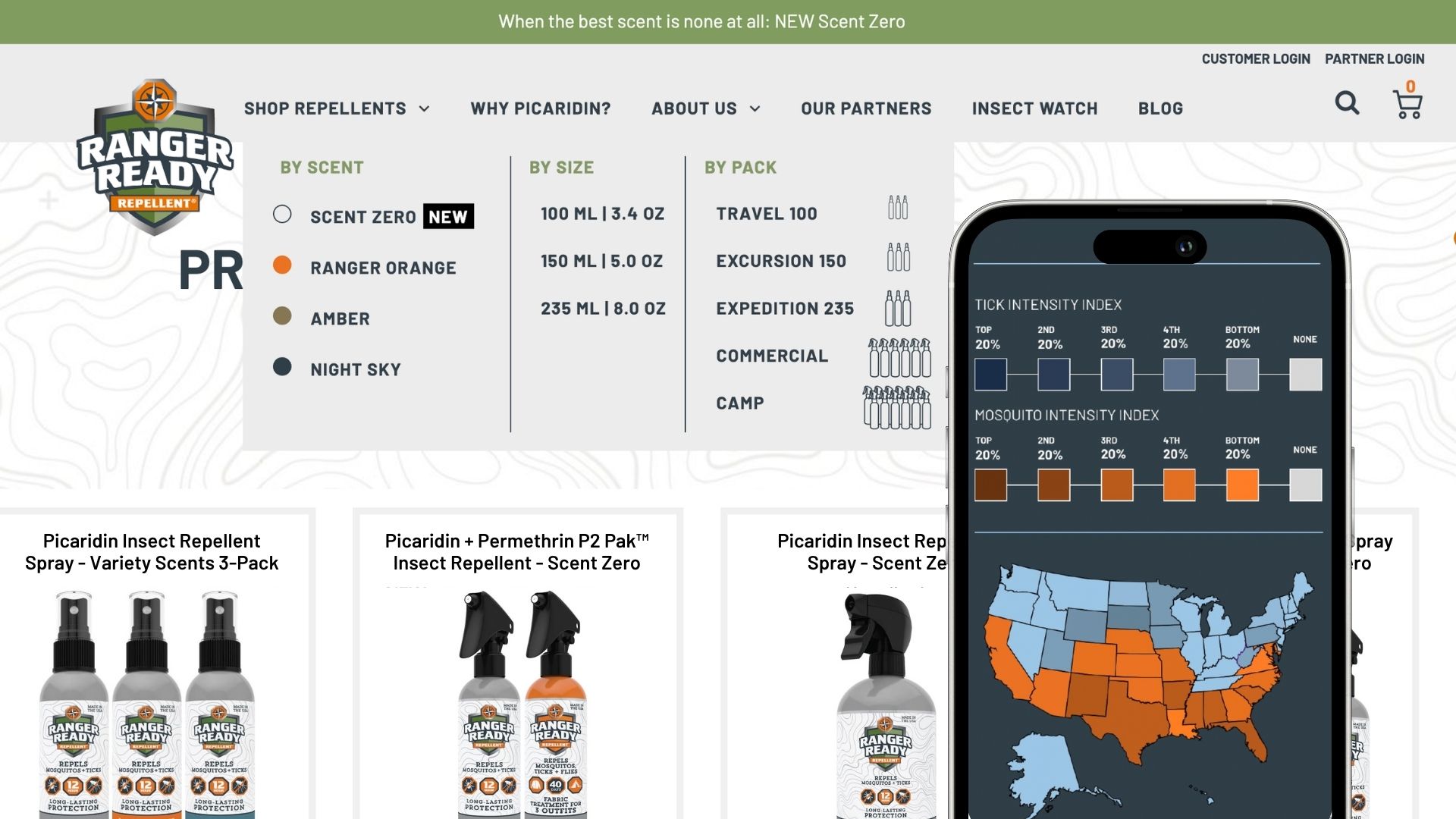 Ranger Ready e-commerce site with product menu and a regional tick and mosquito intensity map